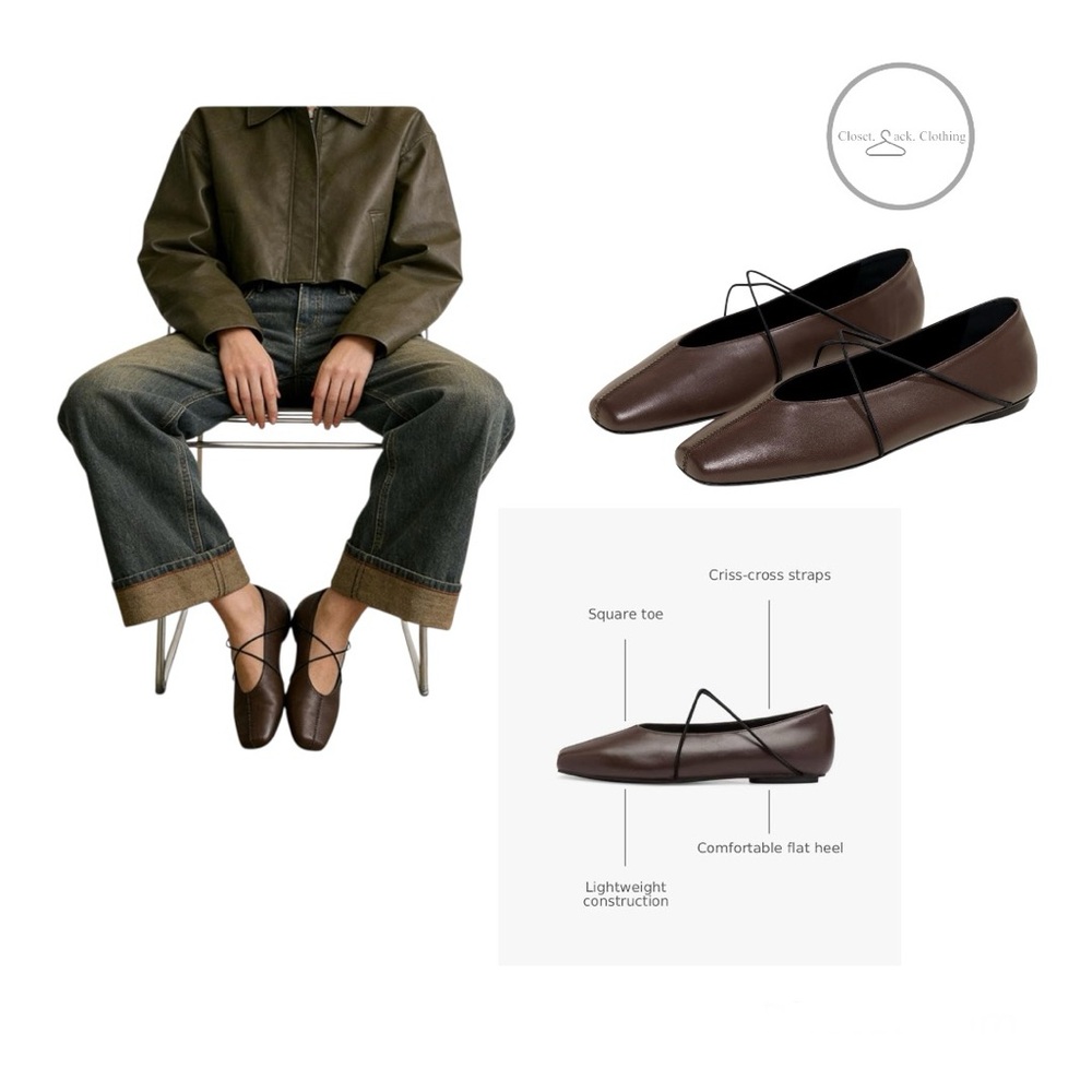 Brown Square-Toe Crisscross Strap Flats - Picture 1 of 17